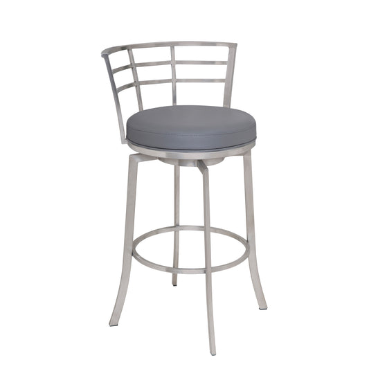 26" Gray And Silver Faux Leather And Iron Swivel Low Back Counter Height Bar Chair - Homeroots