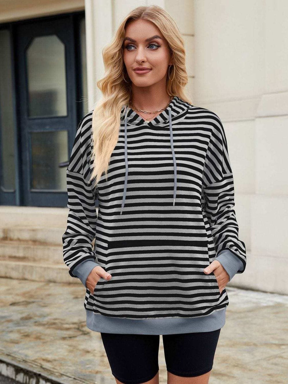 Drawstring Contrast Striped Long Sleeve Hoodie - Trendsi - Flyclothing LLC