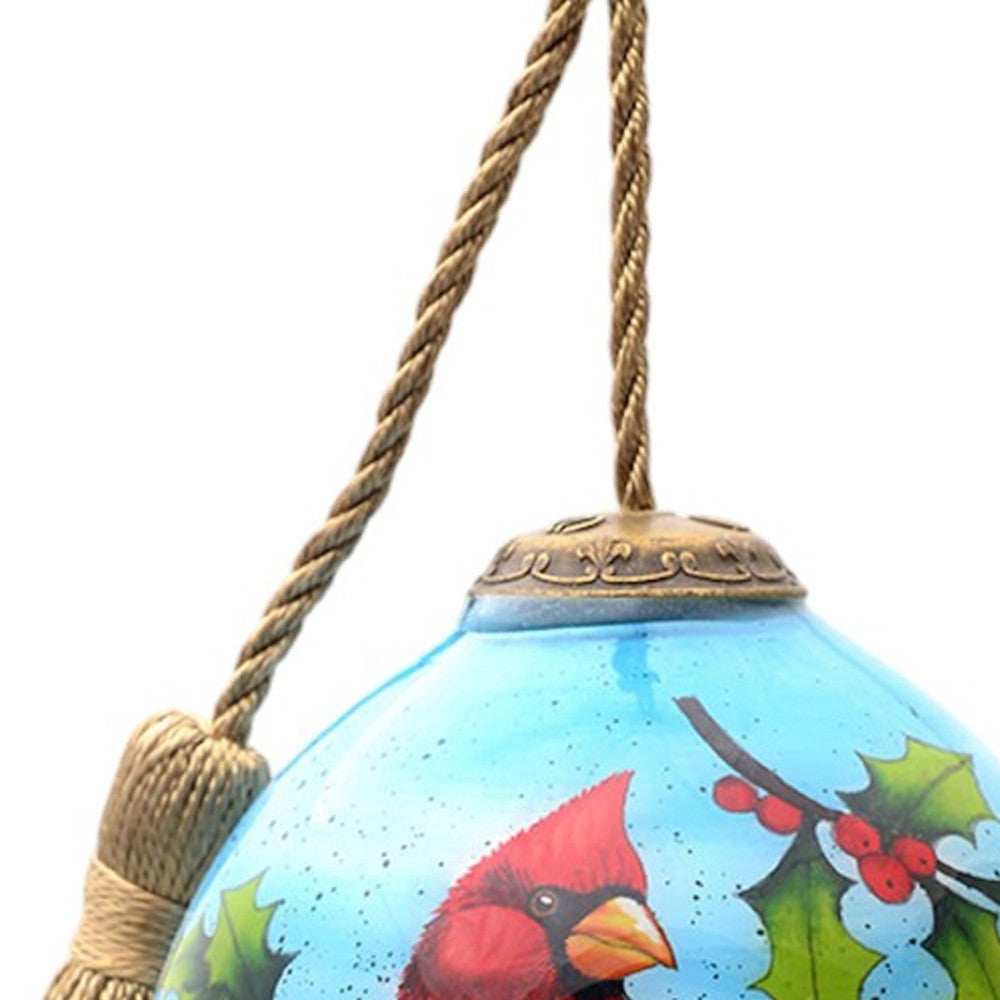 Red Cardinal on Christmas Holly Branches Hand Painted Mouth Blown Glass Ornament - Homeroots - Flyclothing LLC