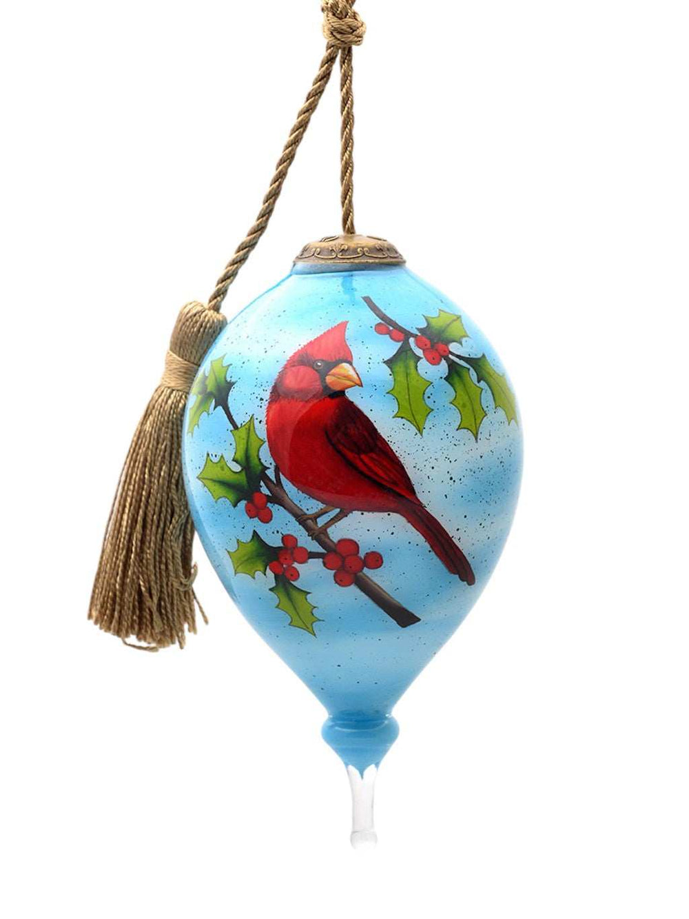 Red Cardinal on Christmas Holly Branches Hand Painted Mouth Blown Glass Ornament - Homeroots - Flyclothing LLC