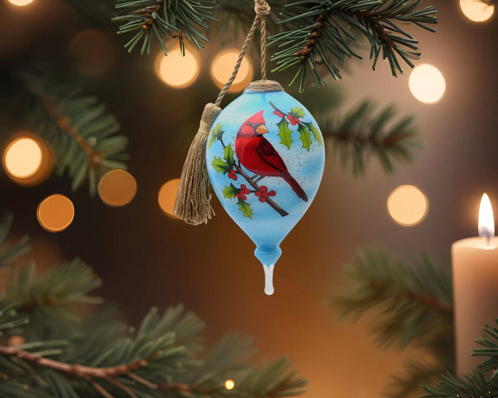 Red Cardinal on Christmas Holly Branches Hand Painted Mouth Blown Glass Ornament - Homeroots - Flyclothing LLC