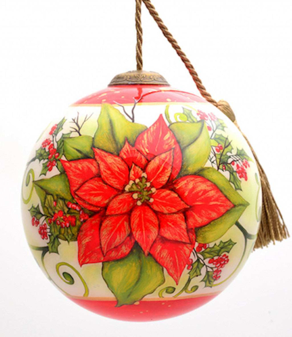 Poinsettia Flower Hand Painted Mouth Blown Glass Ornament - Homeroots - Flyclothing LLC