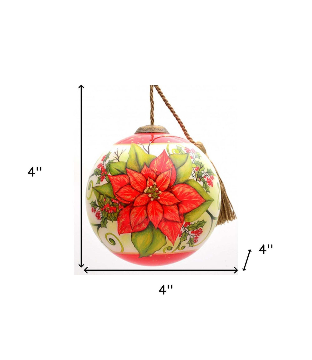 Poinsettia Flower Hand Painted Mouth Blown Glass Ornament - Homeroots - Flyclothing LLC