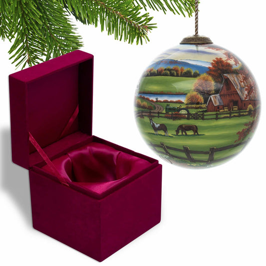 Farm in the Fall Scenery Hand Painted Mouth Blown Glass Ornament - Homeroots - Flyclothing LLC
