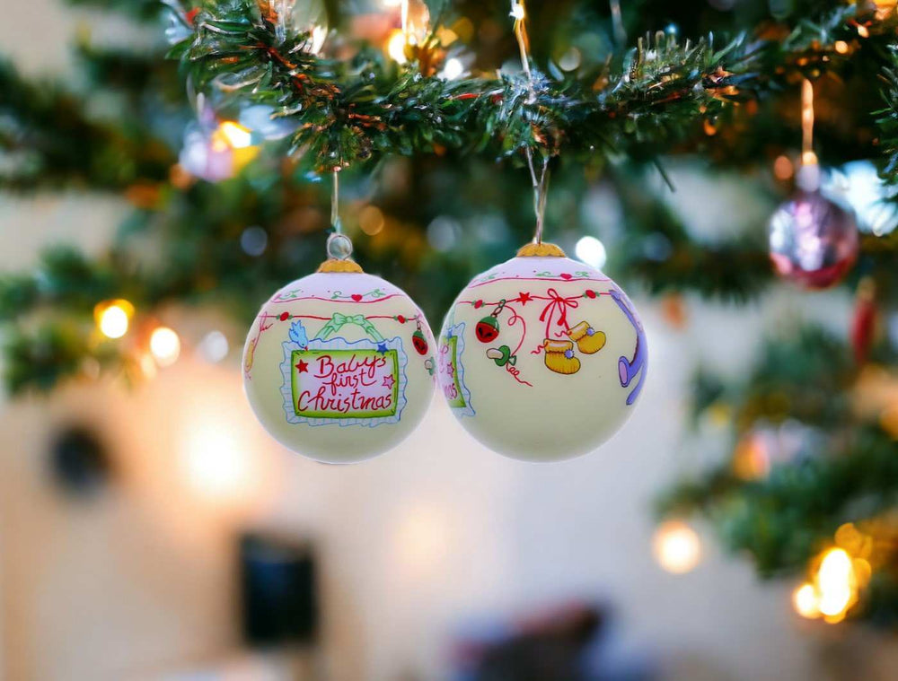 Baby's First Christmas with Motifs Hand Painted Mouth Blown Glass Ornament - Homeroots - Flyclothing LLC