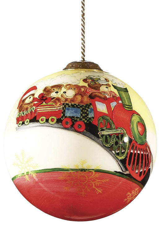 Teddy on Toy Train Hand Painted Mouth Blown Glass Ornament - Homeroots - Flyclothing LLC