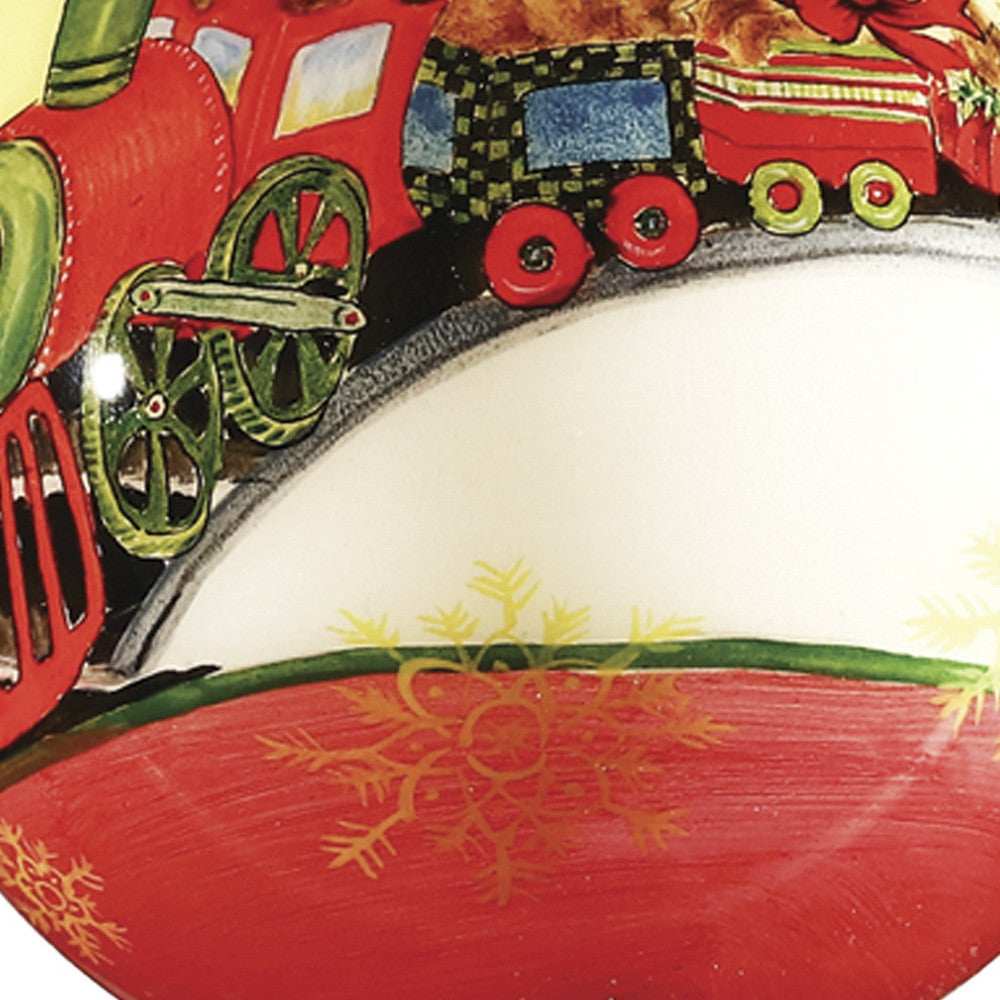 Teddy on Toy Train Hand Painted Mouth Blown Glass Ornament - Homeroots - Flyclothing LLC