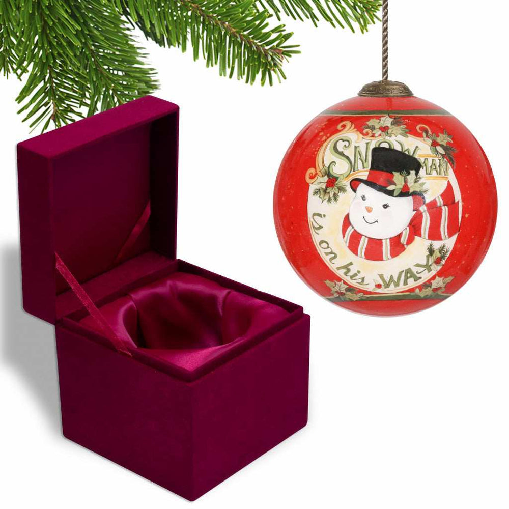 Festive Snowman on his way Hand Painted Mouth Blown Glass Ornament - Homeroots - Flyclothing LLC