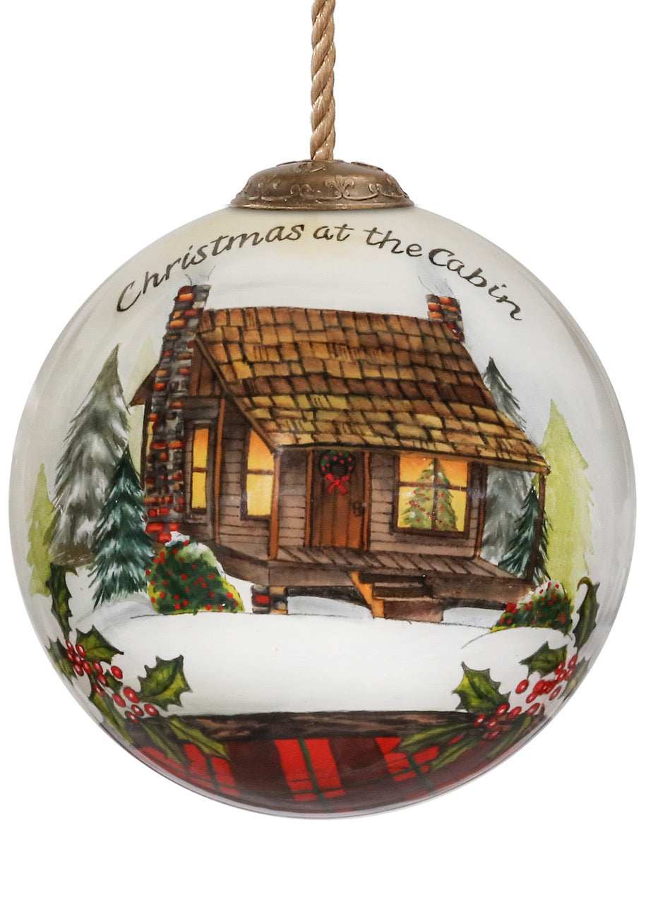 Vintage Christmas at the Cabin Hand Painted Mouth Blown Glass Ornament - Homeroots - Flyclothing LLC