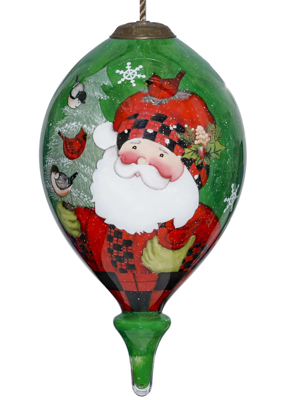 Plaid Santa with Cardinals Hand Painted Mouth Blown Glass Ornament - Homeroots - Flyclothing LLC
