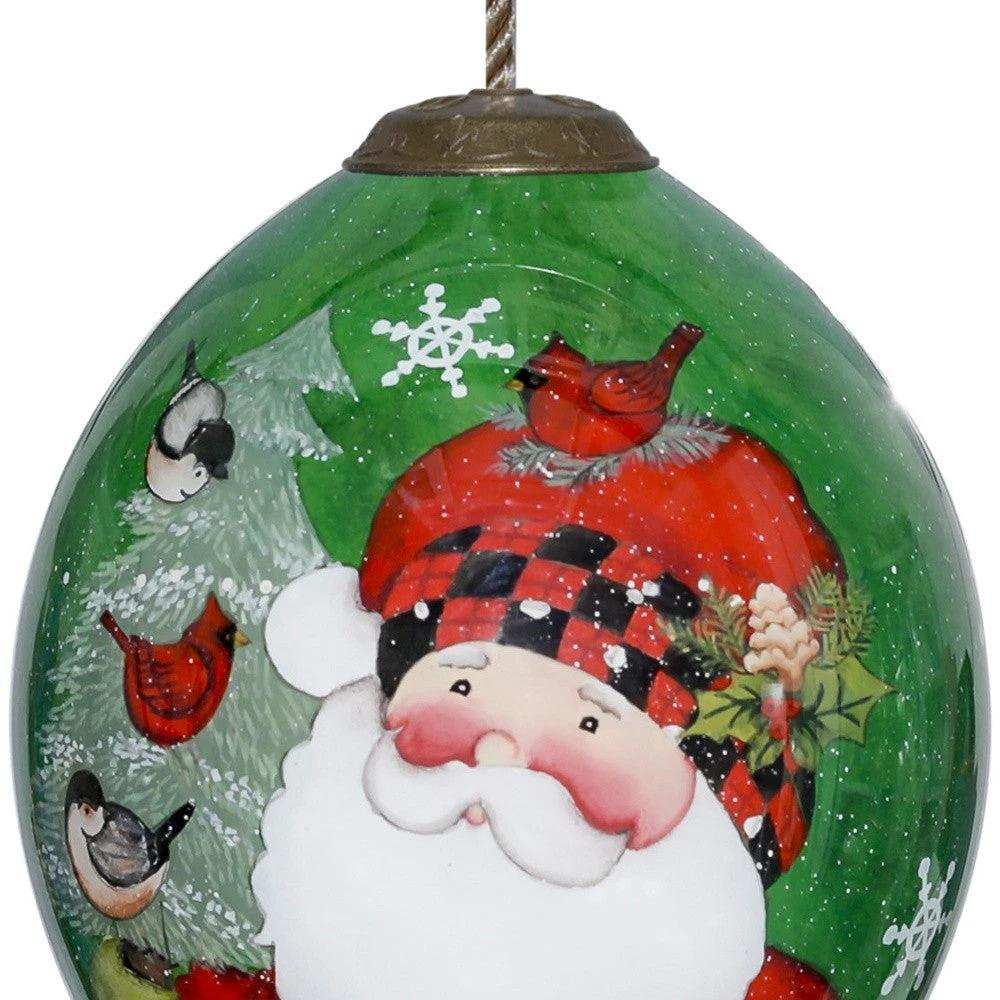 Plaid Santa with Cardinals Hand Painted Mouth Blown Glass Ornament - Homeroots - Flyclothing LLC
