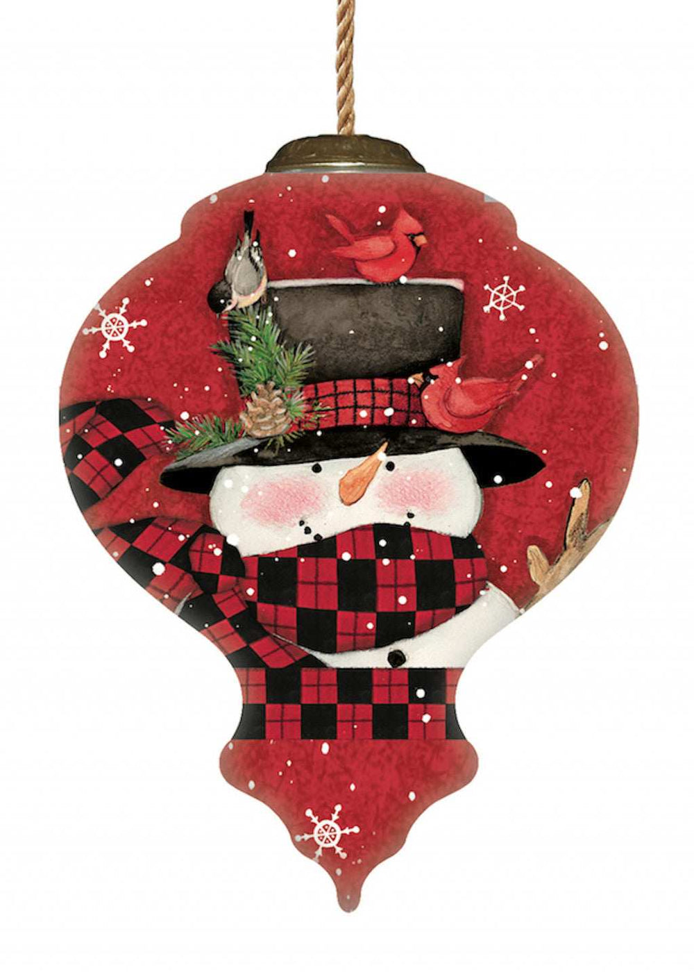 Plaid Snowman and Cardinals Hand Painted Mouth Blown Glass Ornament - Homeroots - Flyclothing LLC