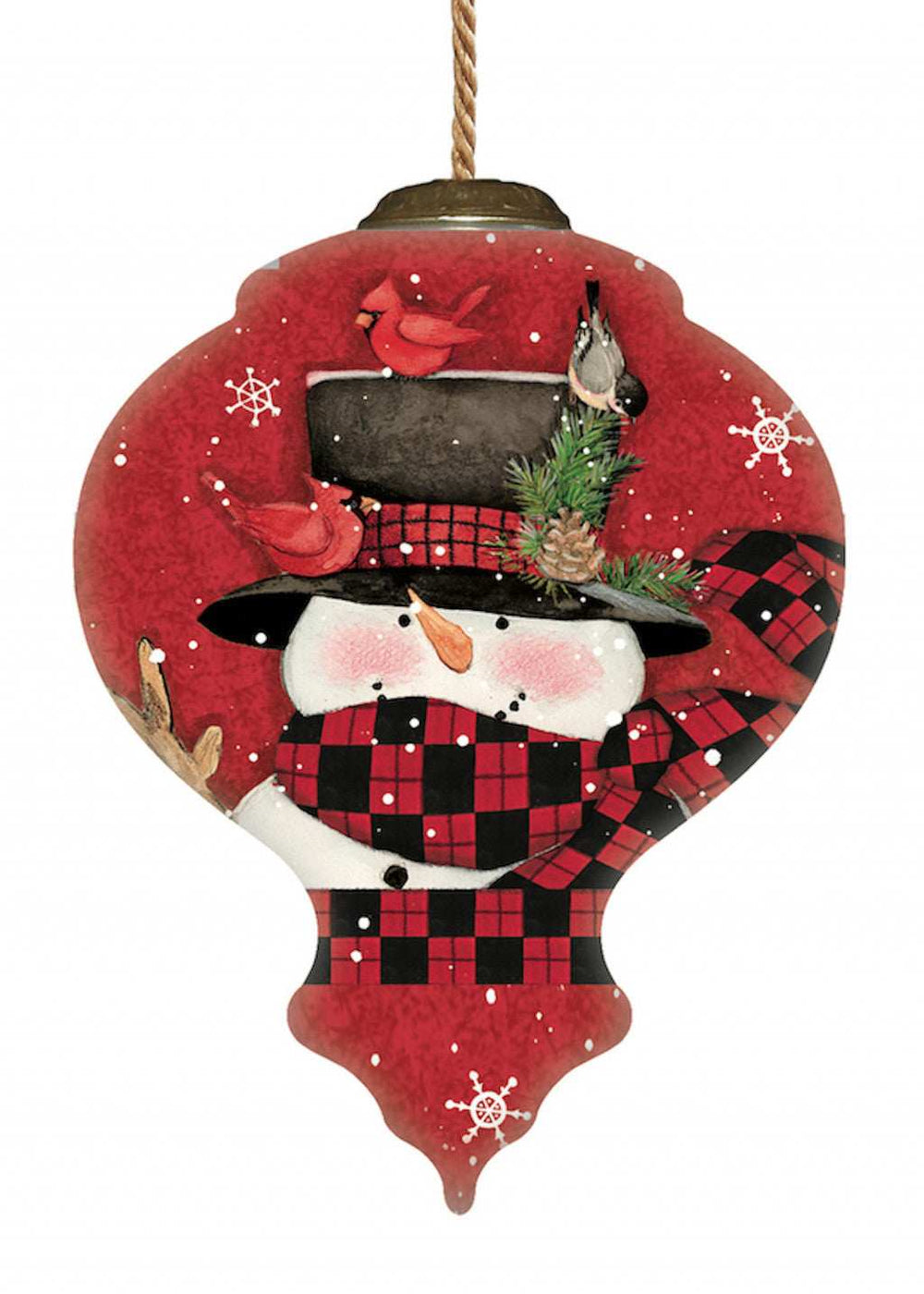 Plaid Snowman and Cardinals Hand Painted Mouth Blown Glass Ornament - Homeroots - Flyclothing LLC