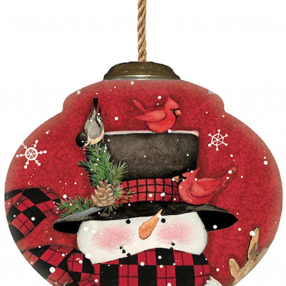 Plaid Snowman and Cardinals Hand Painted Mouth Blown Glass Ornament - Homeroots - Flyclothing LLC