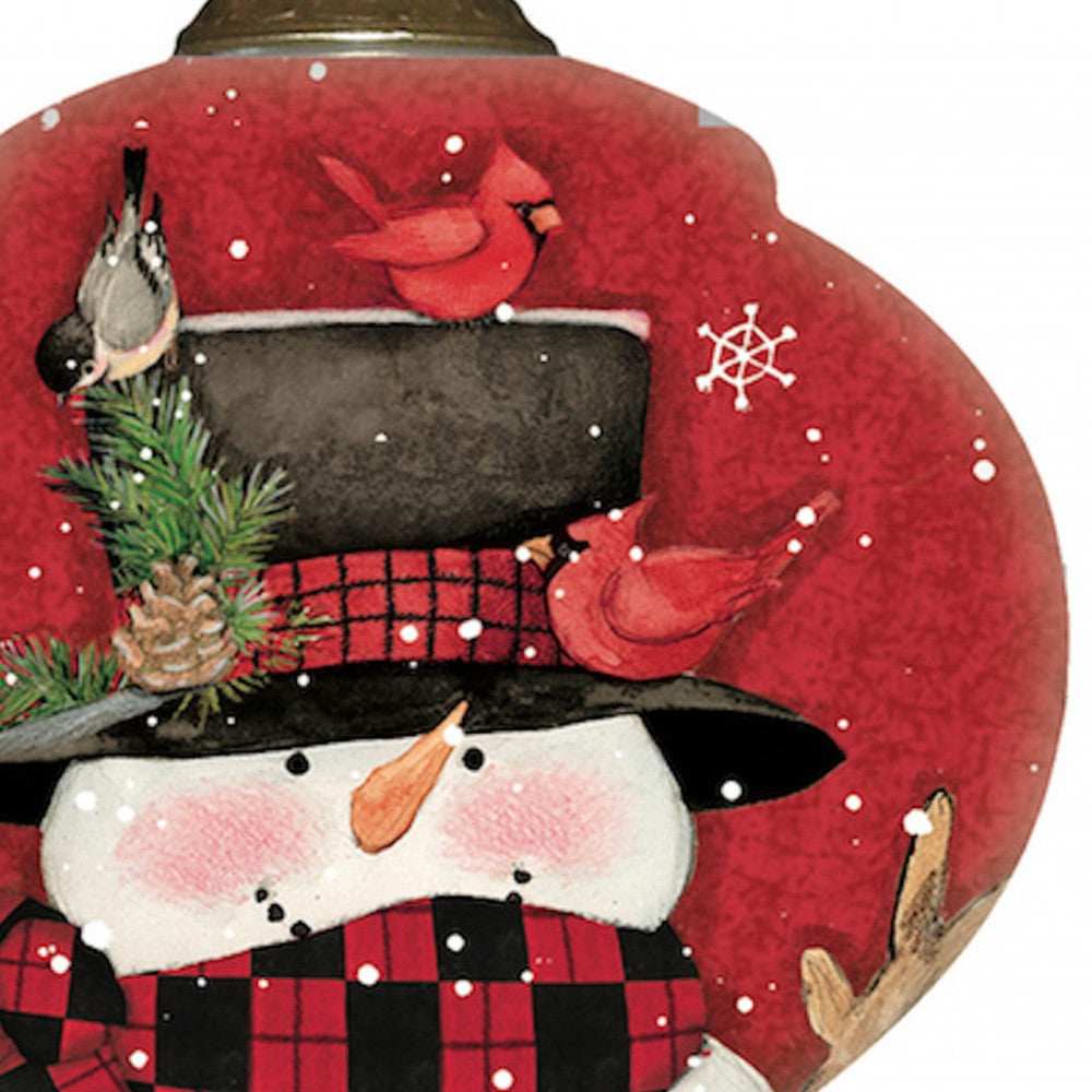 Plaid Snowman and Cardinals Hand Painted Mouth Blown Glass Ornament - Homeroots - Flyclothing LLC