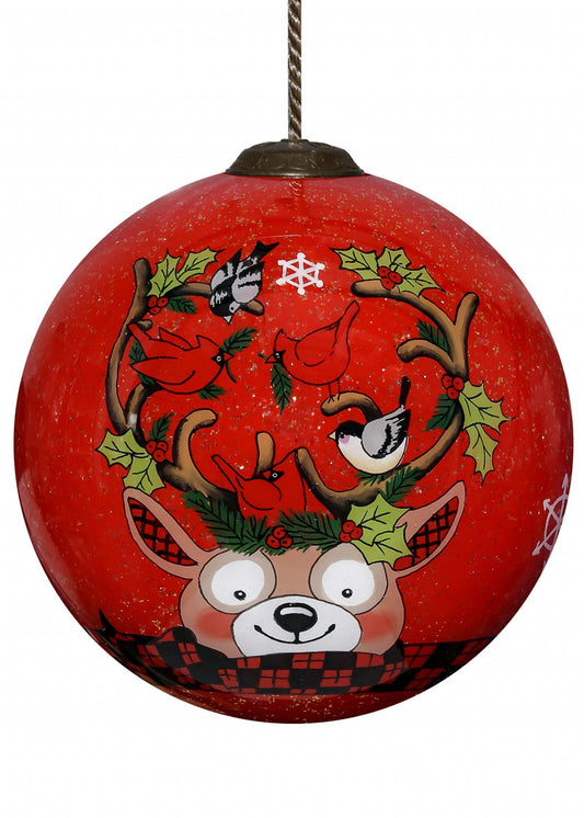 Reindeer with Plaids and Cardinals Hand Painted Mouth Blown Glass Ornament - Homeroots - Flyclothing LLC