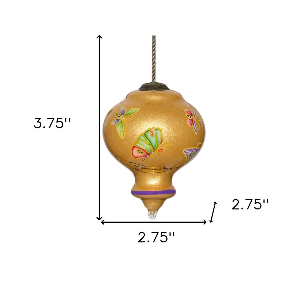 Golden Extravagant Butterflies Hand Painted Mouth Blown Glass Ornament - Homeroots - Flyclothing LLC