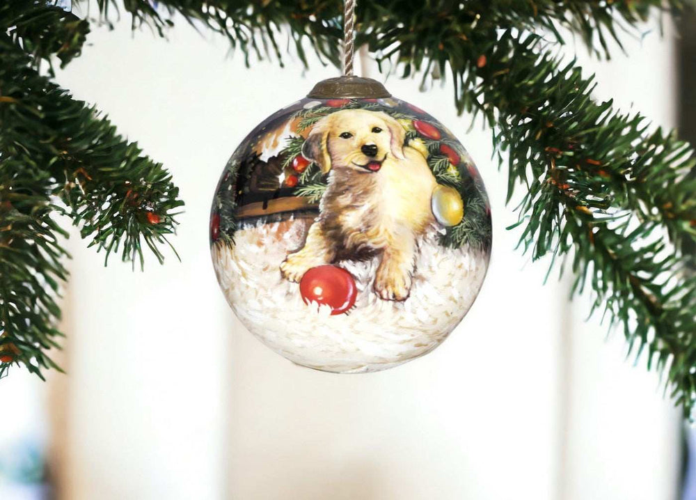 Puppy under the Christmas Tree Hand Painted Mouth Blown Glass Ornament - Homeroots - Flyclothing LLC