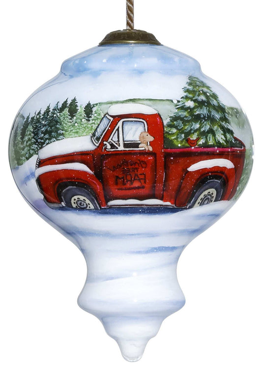 Red Farm Truck with Tree Hand Painted Mouth Blown Glass Ornament - Homeroots - Flyclothing LLC