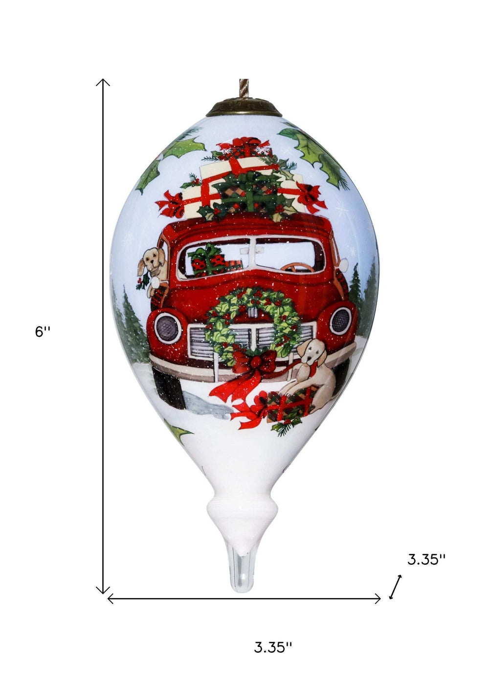 Puppy and Red Truck Christmas Wreath Hand Painted Mouth Blown Glass Ornament - Homeroots - Flyclothing LLC