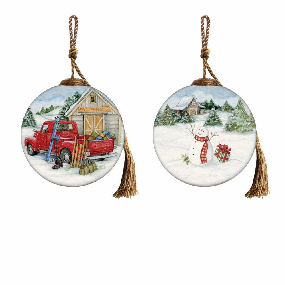 Snowy Mountains Ski Rental Hand Painted Mouth Blown Glass Ornament - Homeroots - Flyclothing LLC