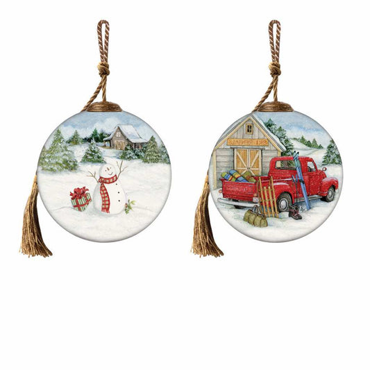 Snowy Mountains Ski Rental Hand Painted Mouth Blown Glass Ornament - Homeroots - Flyclothing LLC