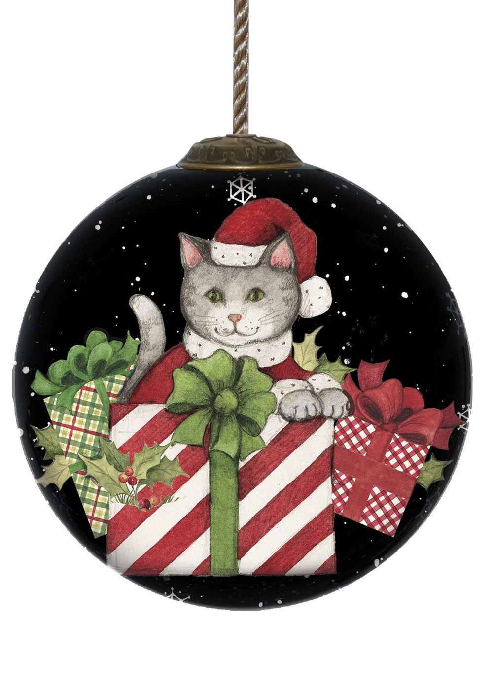 Christmas Cat with Presents Hand Painted Mouth Blown Glass Ornament - Homeroots - Flyclothing LLC