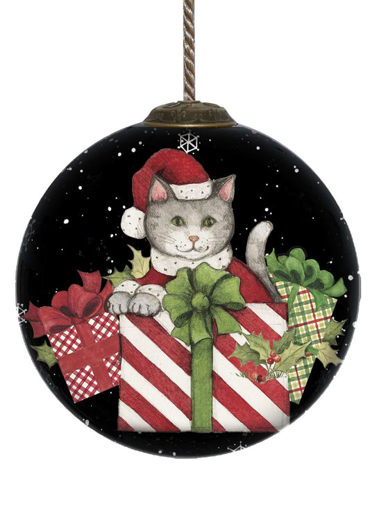 Christmas Cat with Presents Hand Painted Mouth Blown Glass Ornament - Homeroots - Flyclothing LLC
