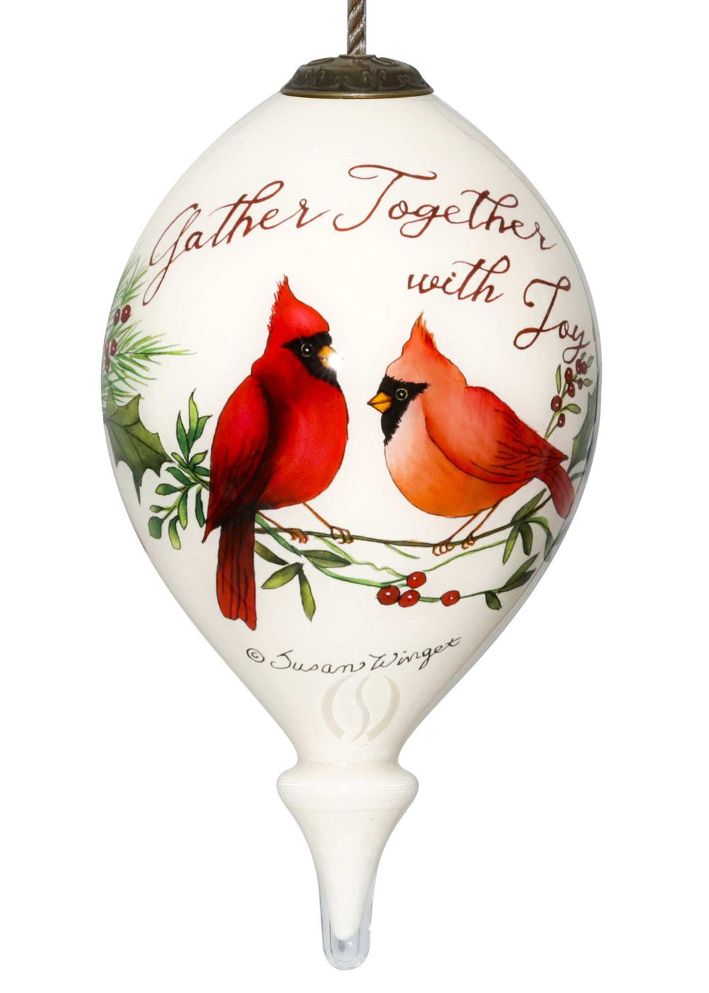 Gather Together With Joy Cardinals Hand Painted Mouth Blown Glass Ornament - Homeroots - Flyclothing LLC