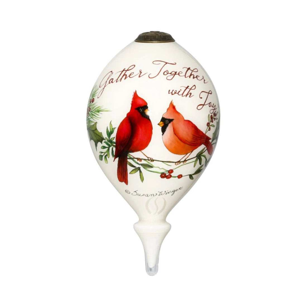 Gather Together With Joy Cardinals Hand Painted Mouth Blown Glass Ornament - Homeroots - Flyclothing LLC