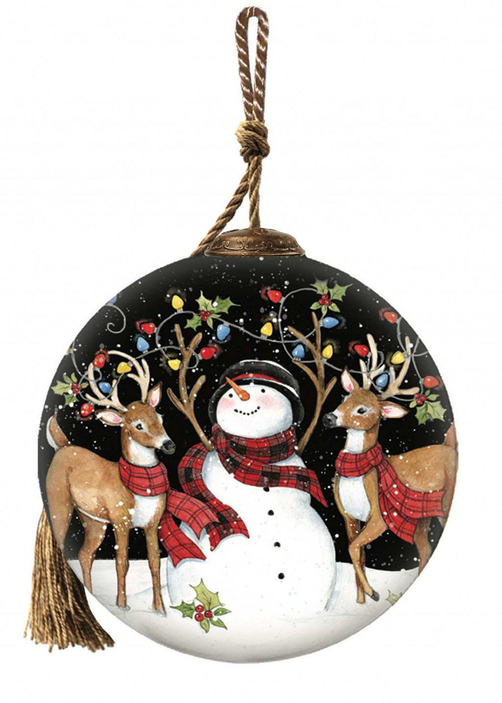 Snowman and Reindeer in Holiday Lights Hand Painted Mouth Blown Glass Ornament - Homeroots - Flyclothing LLC