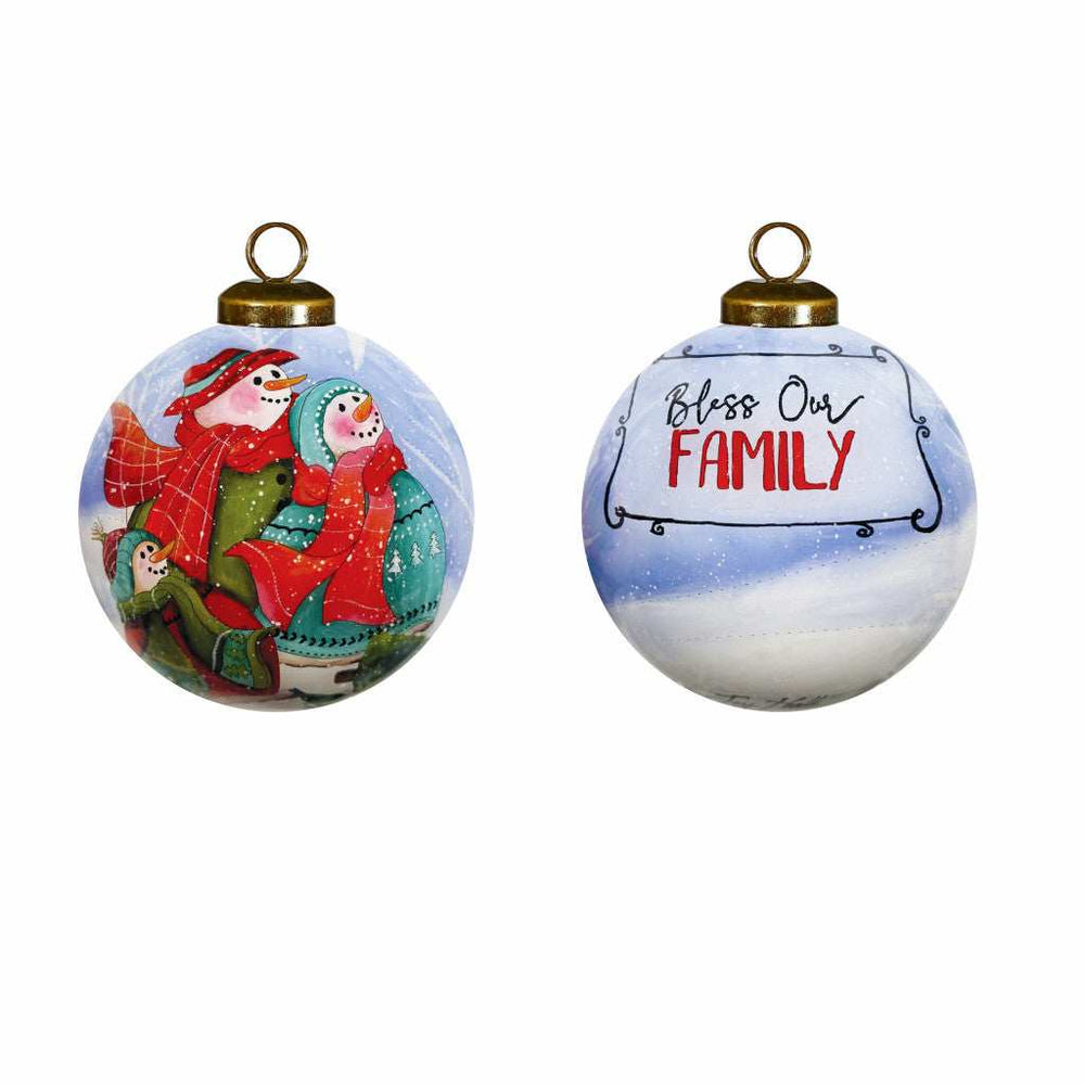 Snowman Family Bless Our Family Wordings Hand Painted Mouth Blown Glass Ornament - Homeroots - Flyclothing LLC