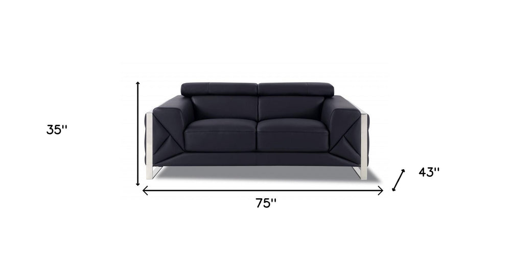 75" Black And Silver Italian Leather Loveseat - Homeroots - Flyclothing LLC