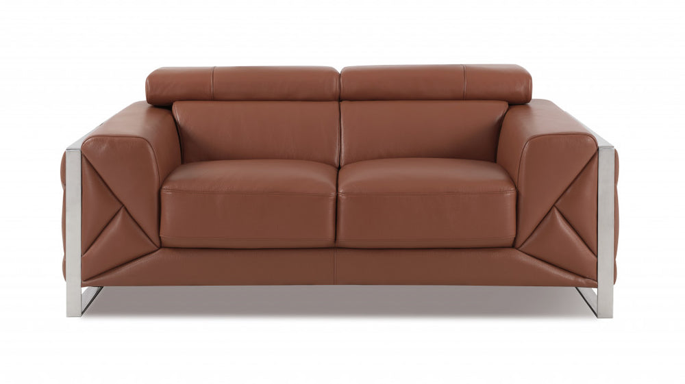 75" Camel And Silver Italian Leather Loveseat - Homeroots - Flyclothing LLC