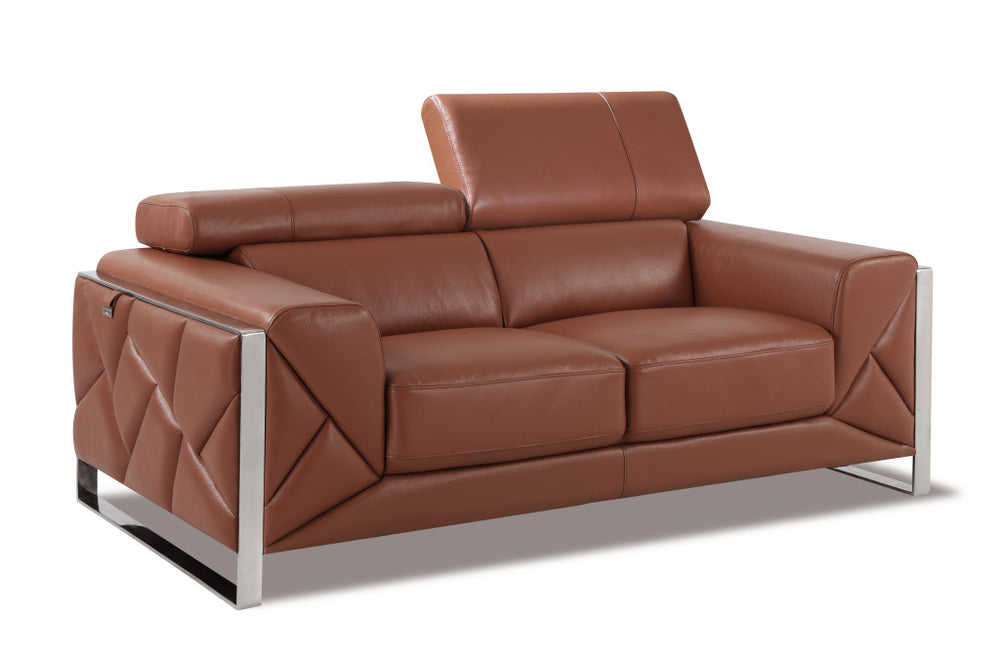 75" Camel And Silver Italian Leather Loveseat - Homeroots - Flyclothing LLC