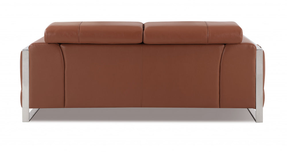 75" Camel And Silver Italian Leather Loveseat - Homeroots - Flyclothing LLC