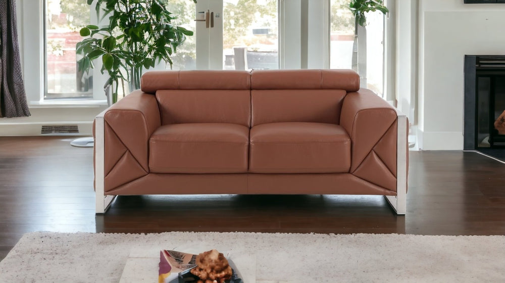 75" Camel And Silver Italian Leather Loveseat - Homeroots - Flyclothing LLC