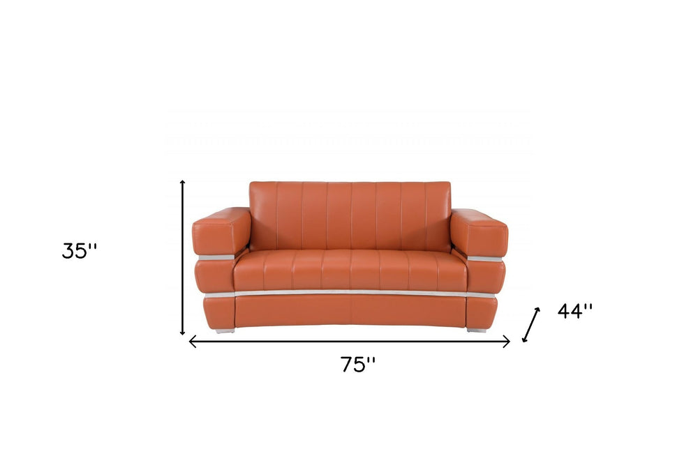 75" Camel And Silver Italian Leather Loveseat - Homeroots - Flyclothing LLC