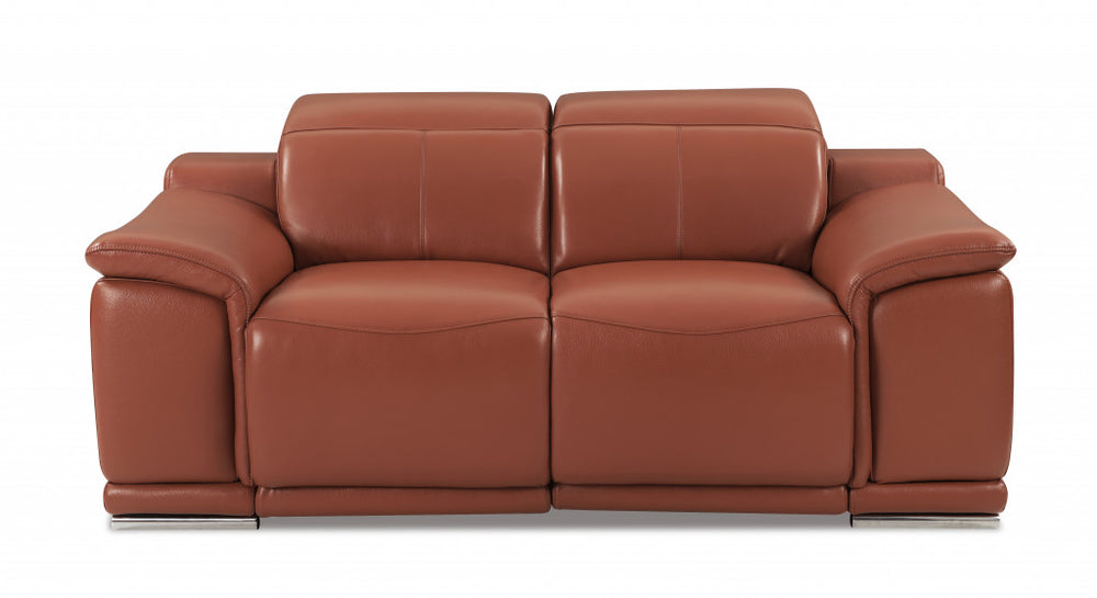 72" Camel And Silver Italian Leather Power Reclining Loveseat - Homeroots - Flyclothing LLC