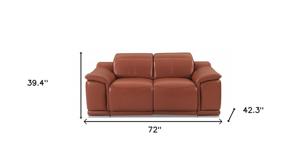 72" Camel And Silver Italian Leather Power Reclining Loveseat - Homeroots - Flyclothing LLC