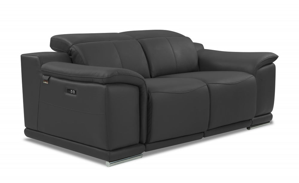 72" Gray And Silver Italian Leather Power Reclining Loveseat - Homeroots - Flyclothing LLC