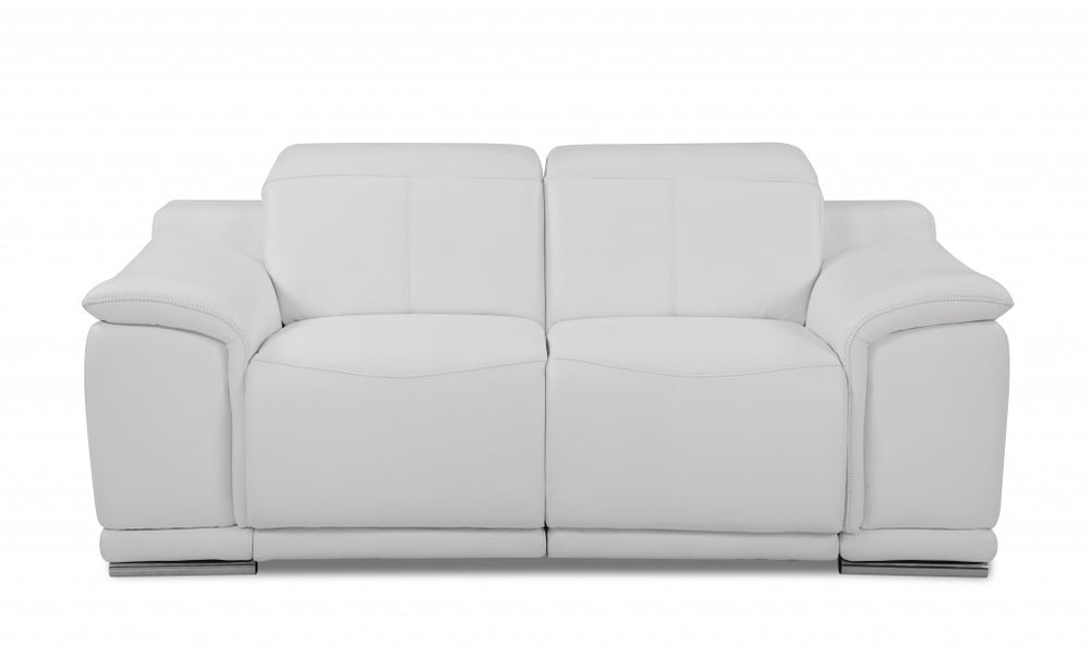 72" White And Silver Italian Leather Power Reclining Loveseat - Homeroots - Flyclothing LLC