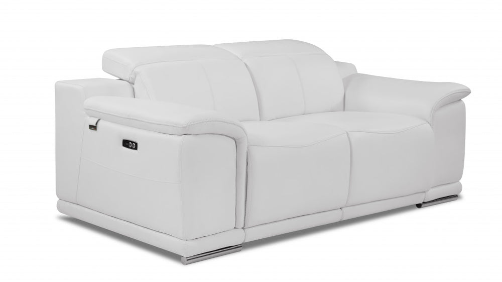 72" White And Silver Italian Leather Power Reclining Loveseat - Homeroots - Flyclothing LLC