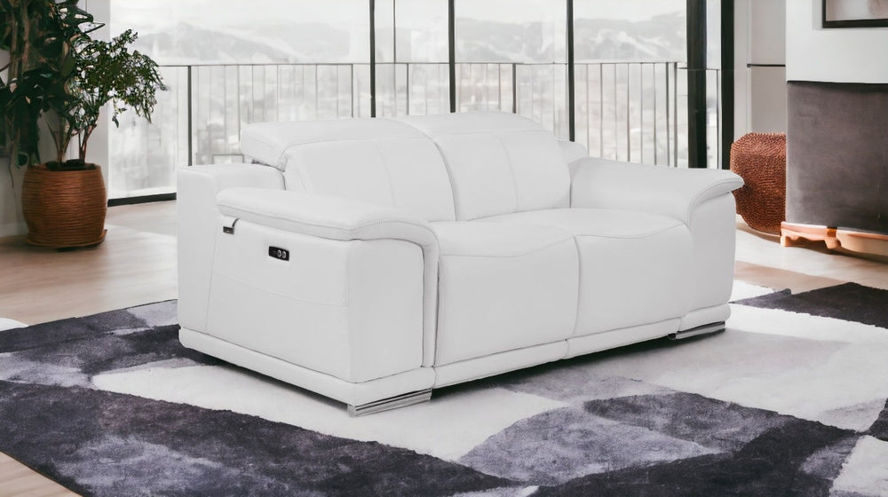 72" White And Silver Italian Leather Power Reclining Loveseat - Homeroots - Flyclothing LLC