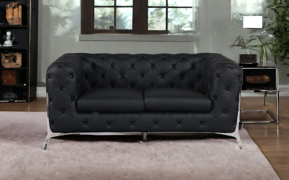 69" Black And Silver Italian Leather Loveseat - Homeroots - Flyclothing LLC