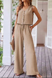 Button Down Vest and Drawstring Wide Leg Pants Set - Trendsi - Flyclothing LLC