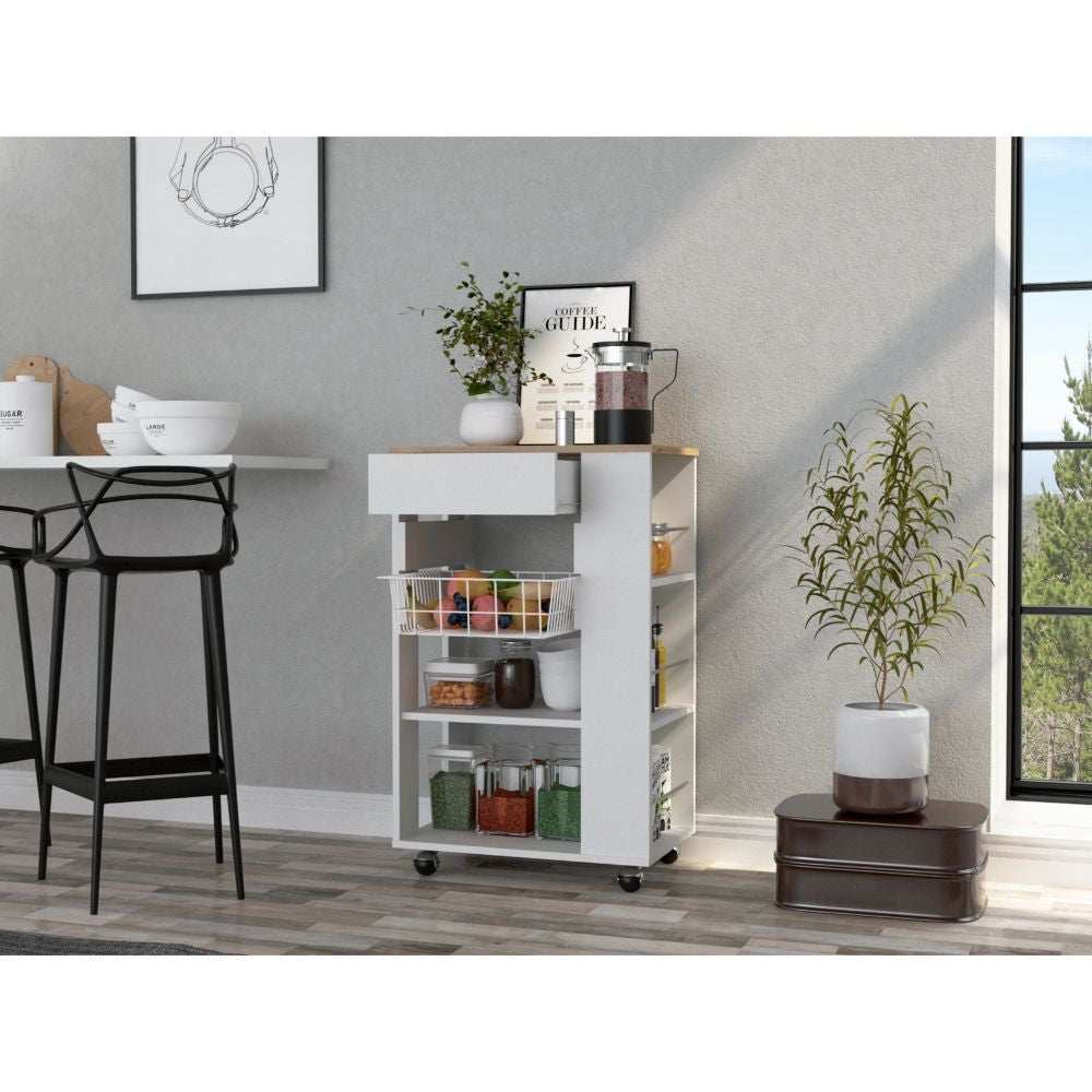 Sleek White and Light Oak Portable Kitchen Cart - Homeroots - Flyclothing LLC