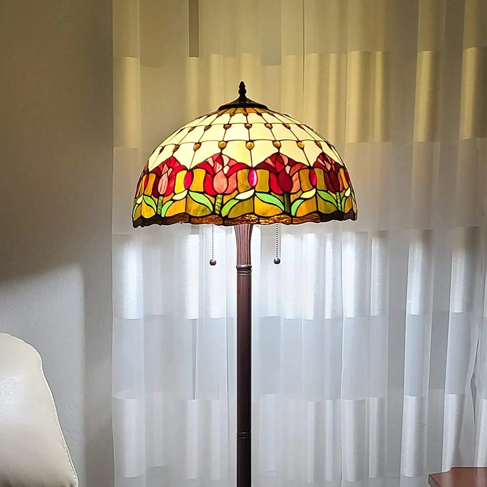 62" Brown Two Light Traditional Shaped Floor Lamp With Red Flowers Stained Glass Dome Shade - Homeroots - Flyclothing LLC