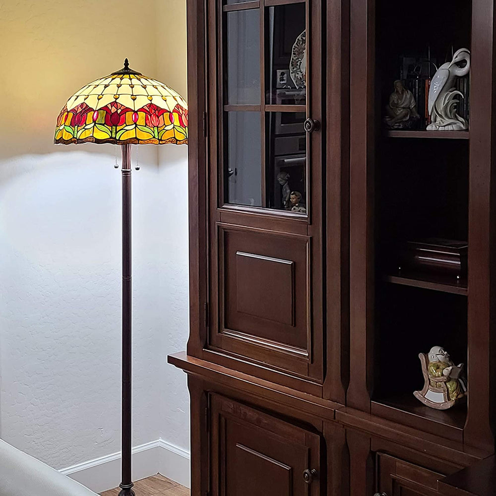 62" Brown Two Light Traditional Shaped Floor Lamp With Red Flowers Stained Glass Dome Shade - Homeroots - Flyclothing LLC