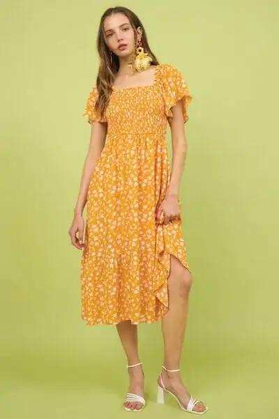 Mittoshop Flower Print Flutter Sleeve Smocked Midi Dress - Trendsi - Flyclothing LLC